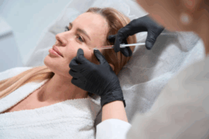 Close-up of a patient receiving dermal fillers to enhance her lips and jawline at a medical spa.