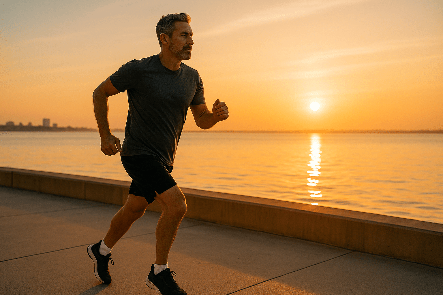 Man in his 40s running along the waterfront at sunrise, back to feeling strong on physician-led TRT