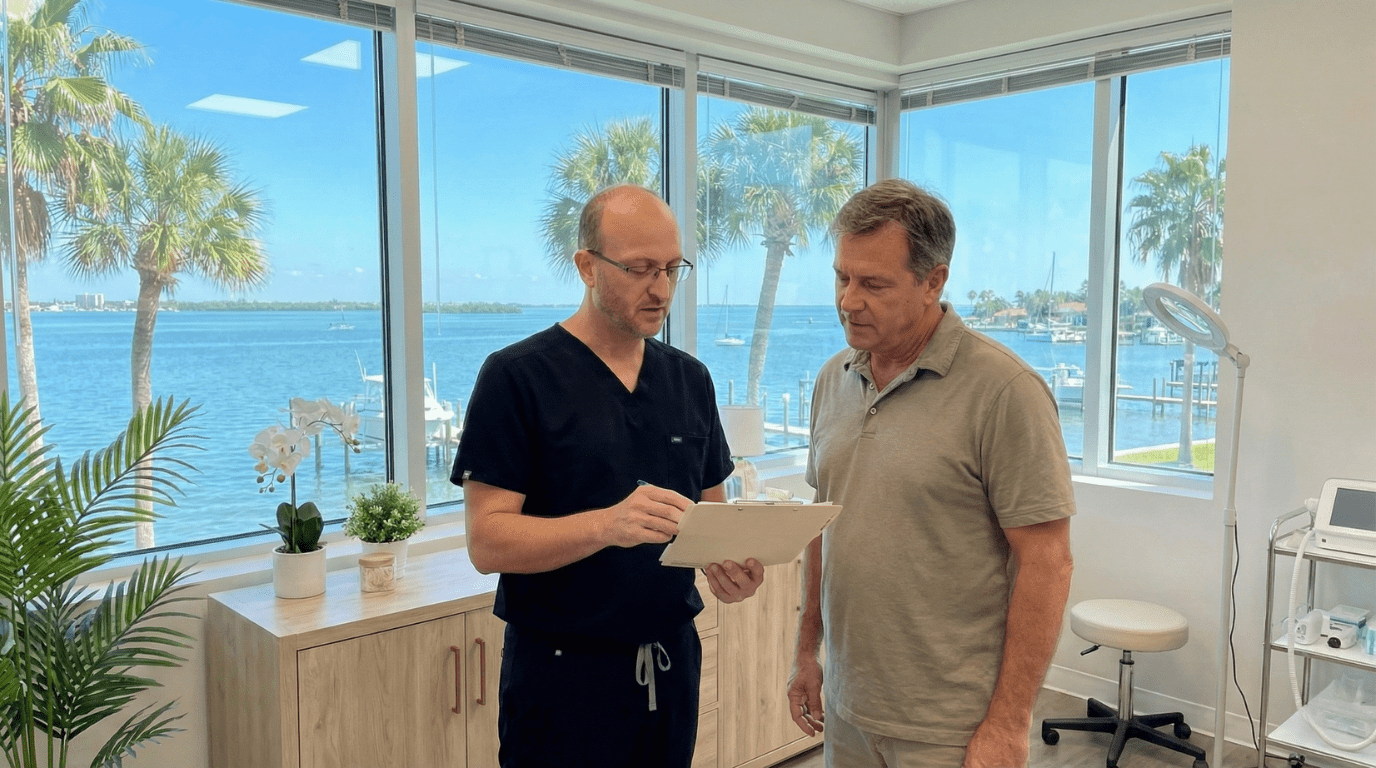 Dr. Oliver Morris reviewing lab results with a patient at Olympia Aesthetics and Wellness