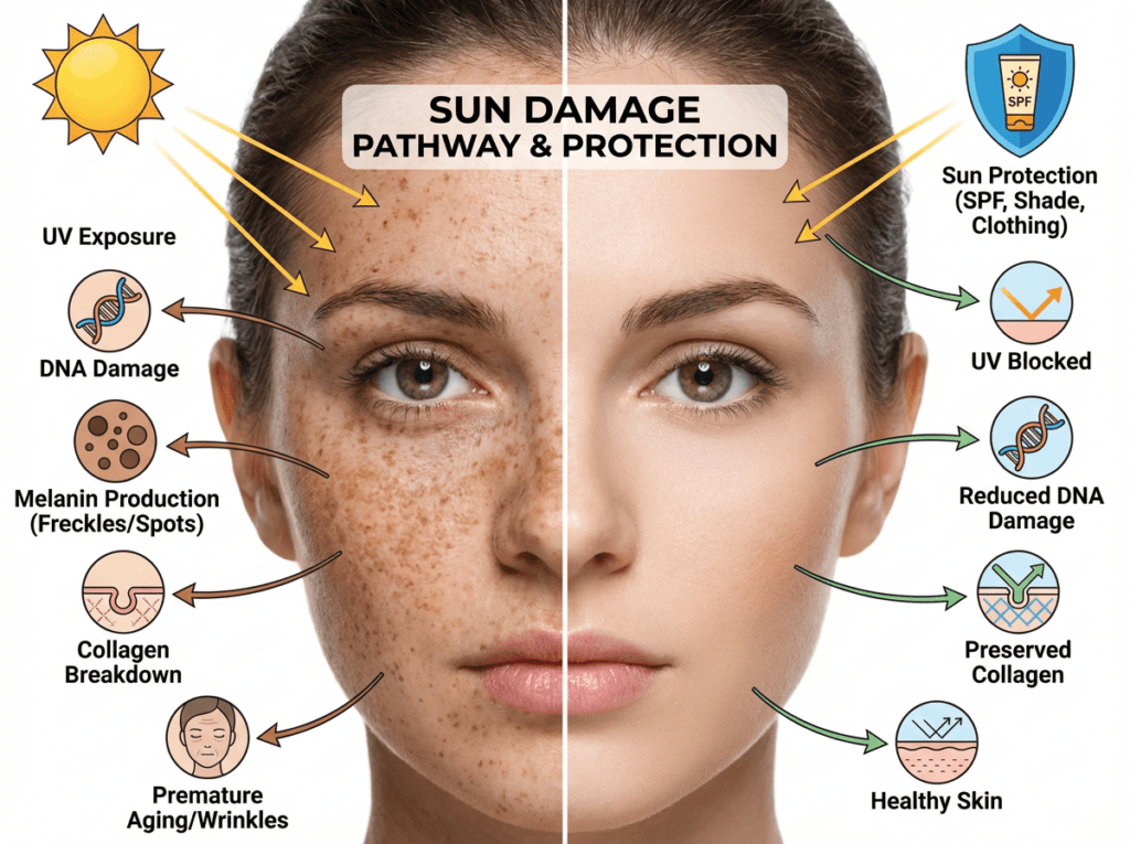 An infographic on sun damage produced by Olympia Aesthetics in Palm Harbor Florida. It shows how sun damage occurs and how to protect against sun damage.