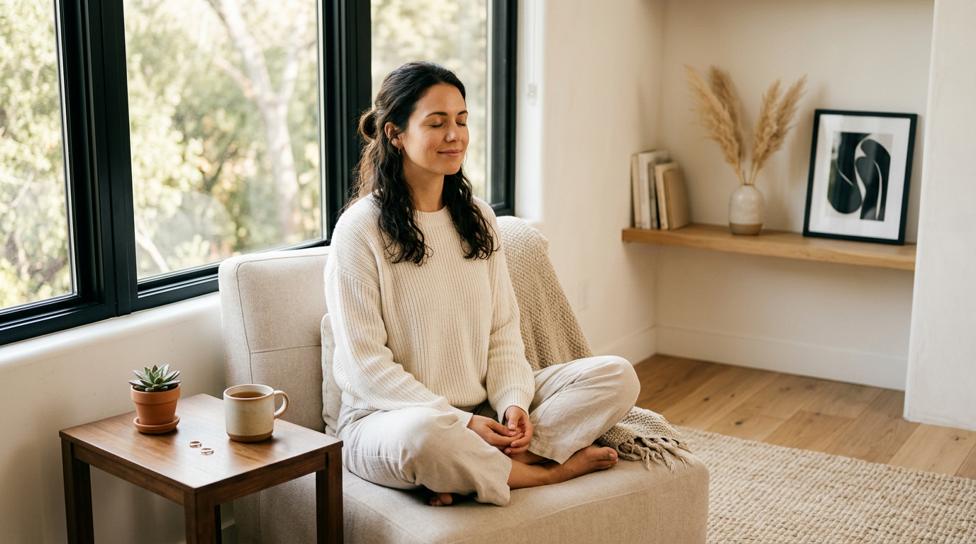 Woman relaxed and calm, representing ExoMind neuromodulation for emotional wellness