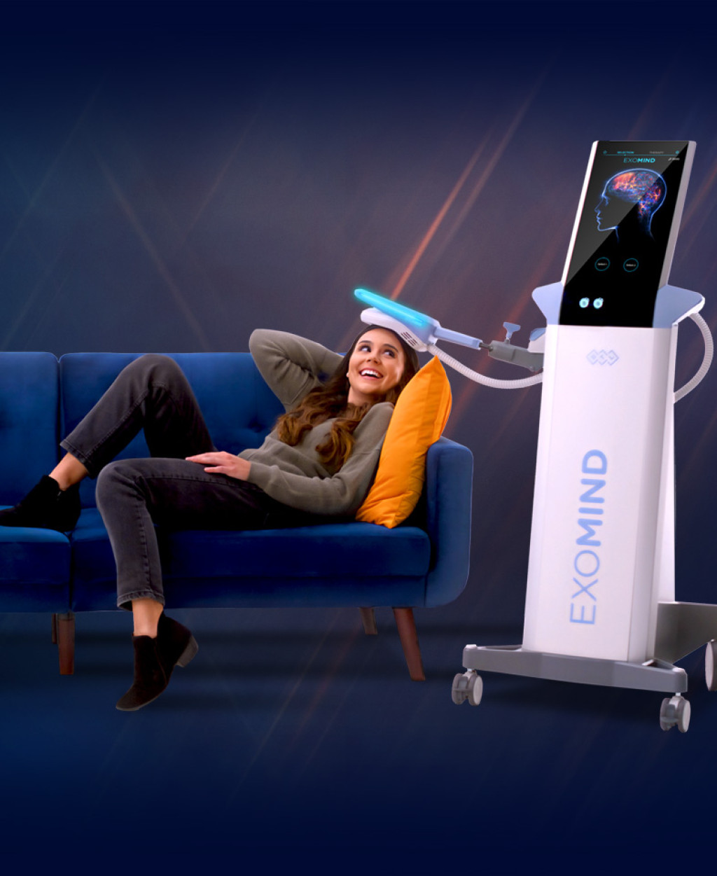 Patient relaxing during an Exomind ExoTMS brain wellness session on the BTL Exomind device at Olympia Aesthetics in Palm Harbor, Florida