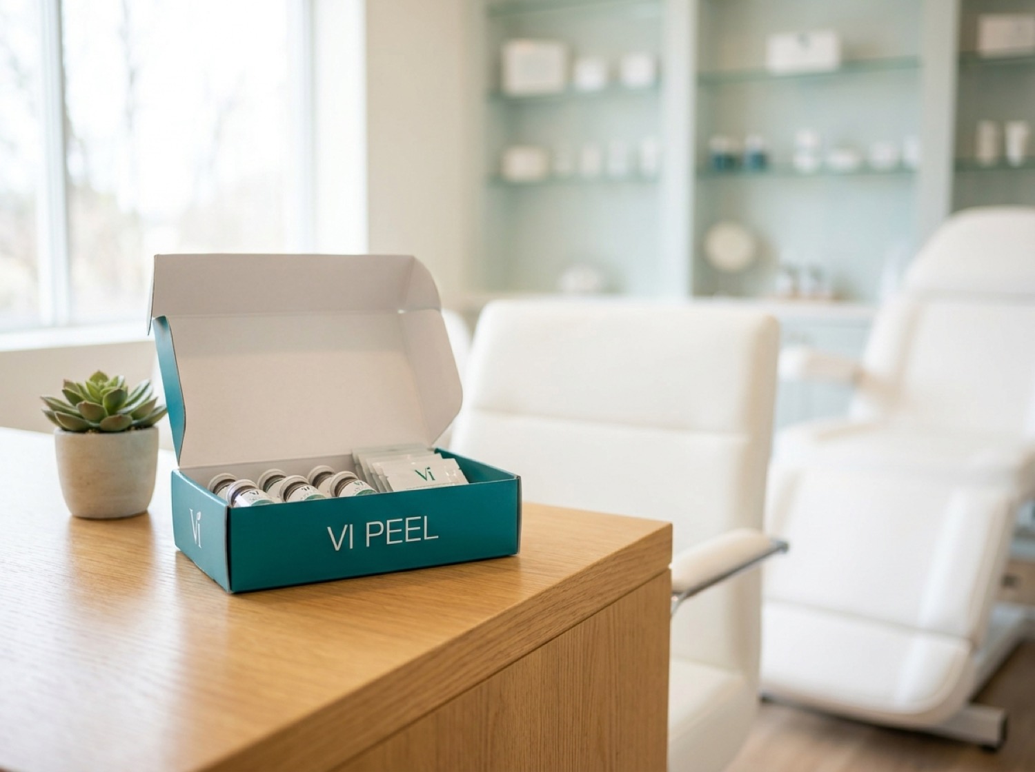 A VI Peel kit box on a desk in the studio at Olympia Aesthetics in Palm Harbor, Florida