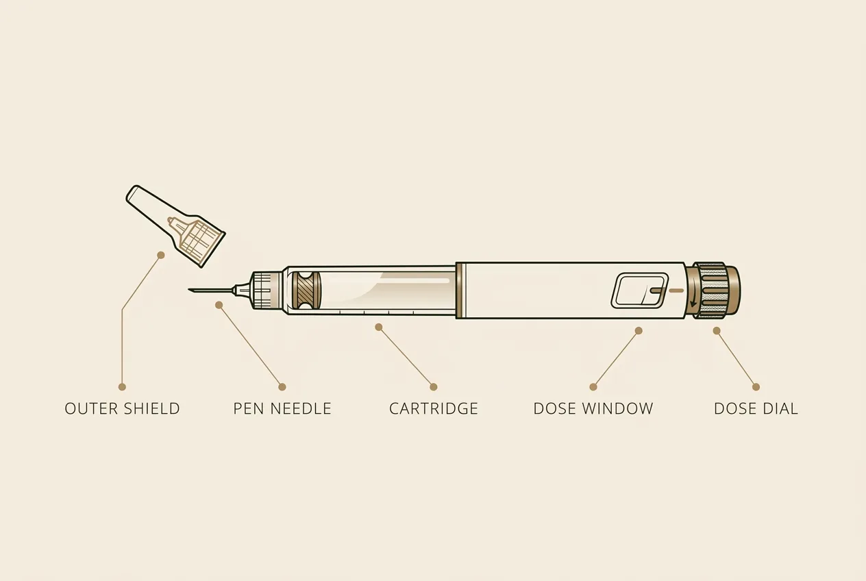 Labeled diagram of a peptide pen showing the pen needle, outer shield, cartridge, dose window, and dose dial