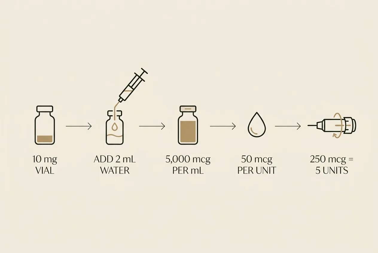 Five-step diagram showing how a 10 mg vial mixed with 2 mL of water gives 50 mcg per unit, so a 250 mcg dose is 5 units on the pen dial