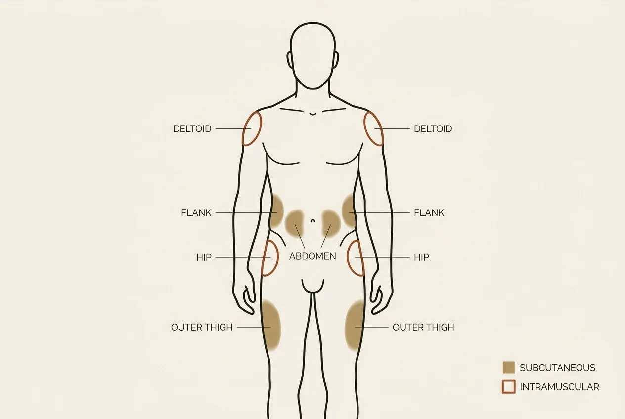 Body map of testosterone injection sites, with subcutaneous zones on the abdomen, flank, and outer thigh and intramuscular zones on the deltoid and hip