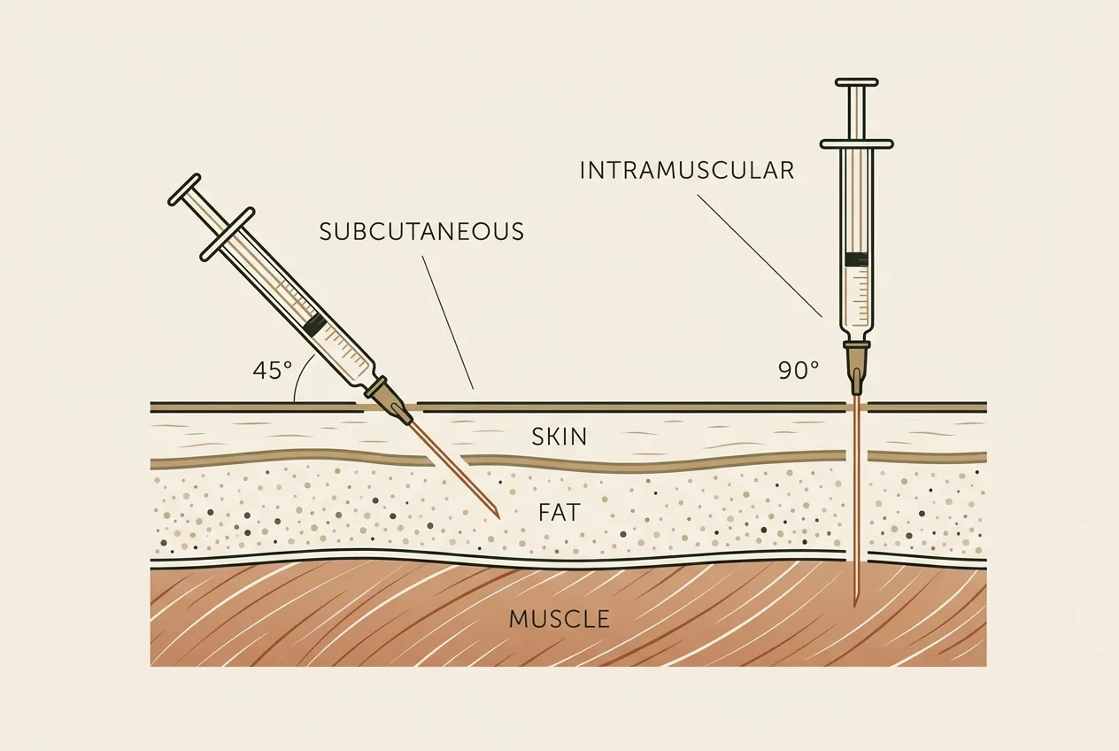 Cross-section diagram of subcutaneous injection at 45 degrees into the fat layer versus intramuscular injection at 90 degrees into muscle