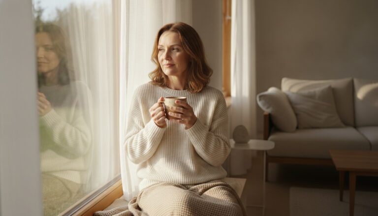 Woman in her late 40s holding a mug by a sunlit window in the morning