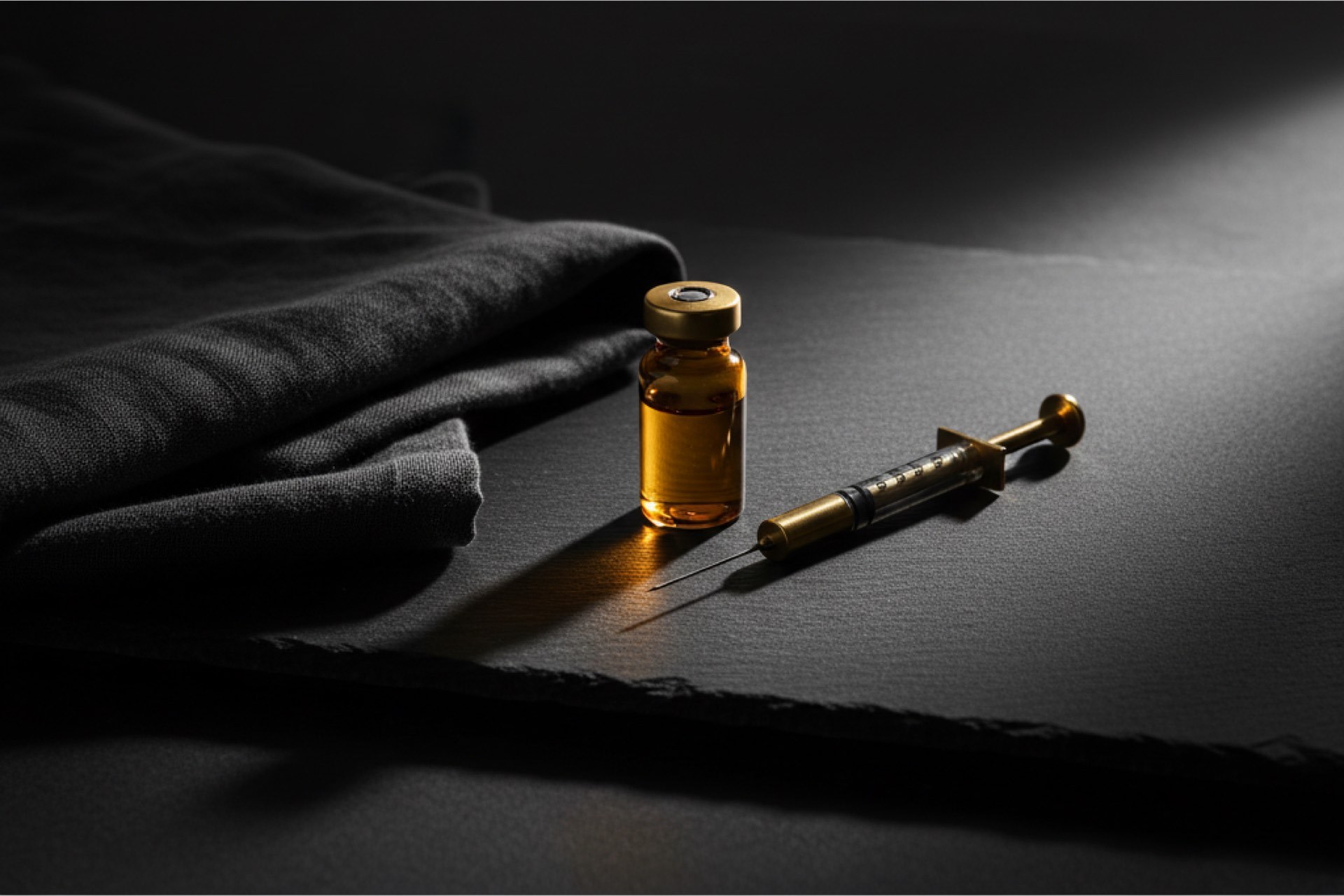 Amber vial of testosterone cypionate with syringe on dark slate at Olympia Aesthetics and Wellness in Palm Harbor
